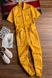 Retro Casual Multi-Pocket Short Sleeve Jumpsuits