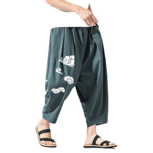 Cotton Linen Print Loose Ninth Pants