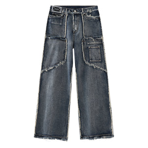 Vintage Distressed Wash Raw Edge Straight Leg Jeans