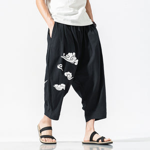 Cotton Linen Print Loose Ninth Pants