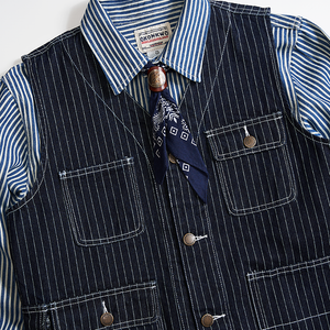 Striped Denim Multi-pocket Tooling Vest