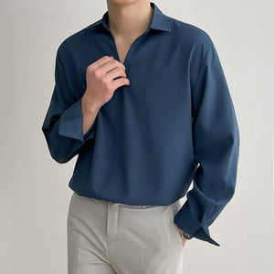 Silky Pullover V-neck Long-sleeved Shirt