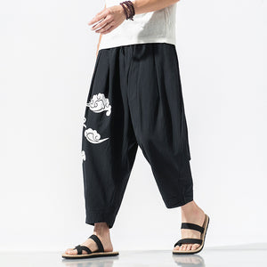 Cotton Linen Print Loose Ninth Pants