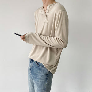 Buttoned Solid Long-sleeved T-shirt