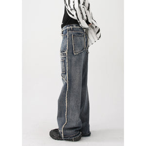 Vintage Distressed Wash Raw Edge Straight Leg Jeans