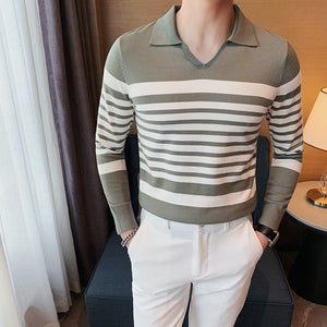 Striped Long-sleeve Knitted Polo Shirt