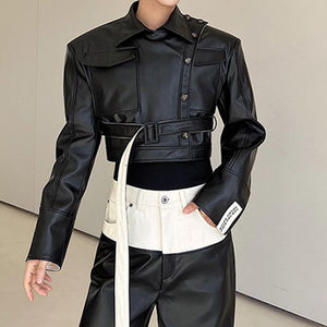 Contrast Color Stitching Shoulder Pads PU Cropped Jacket