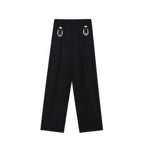 Dark Metal Buckle Trim Straight Pants