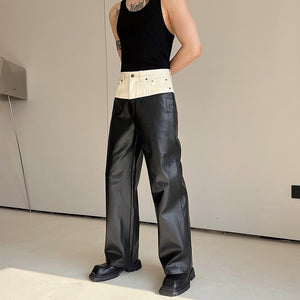 Color Block Denim Paneled PU Leather Trousers