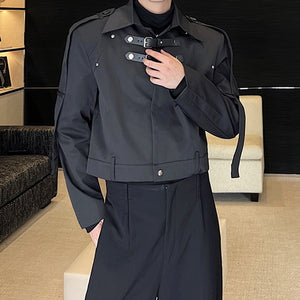 Metal Leather Buttoned Lapel Collar Short Jacket