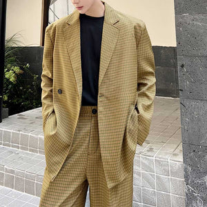 Retro Khaki Check Simple Blazer And Pant Set