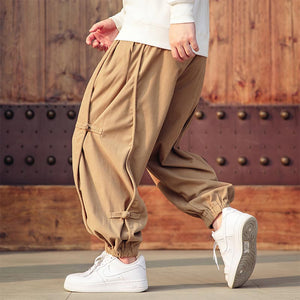 Vintage Buckle Trim Waffle Casual Harem Pants