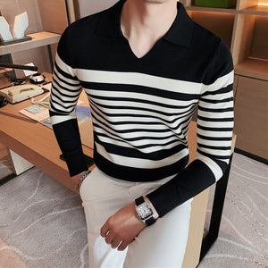 Striped Long-sleeve Knitted Polo Shirt