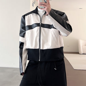 Black and White Stitching PU Leather Short Jacket