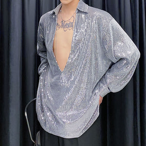 Vintage Deep V-neck Sequined Shirt