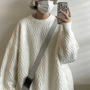 Wavy Crew Neck Solid Color Knit Sweater