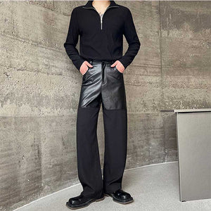 Contrast Color Leather Straight Leg Pants