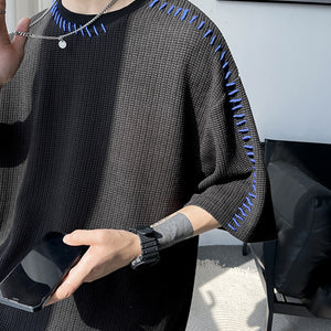 Contrast Stitching Crew Neck 3/4 Sleeves Top