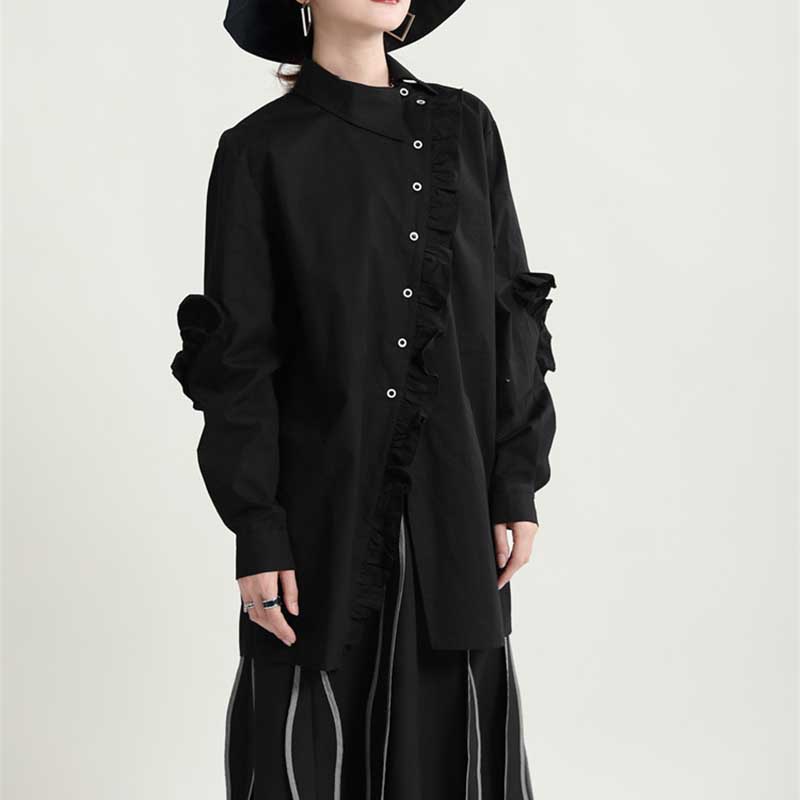 Asymmetric Collar Ruffles Mid Length Shirts