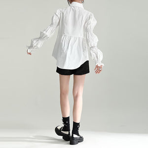 Puff Sleeve Lapel Collar Solid Color Shirt