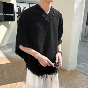 Tassels Raw Edge V Neck Half Sleeves T-Shirt