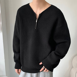 Zippered V-Neck Loose Knit Sweater