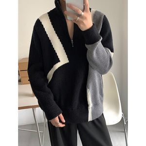 Zip Turtleneck Patchwork Knit Sweater