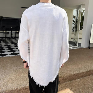 Tassels Raw Edge V Neck Half Sleeves T-Shirt