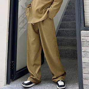 Retro Khaki Check Simple Blazer And Pant Set