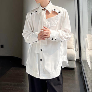 Hollow Tie Contrast Buttons Long Sleeve Shirt