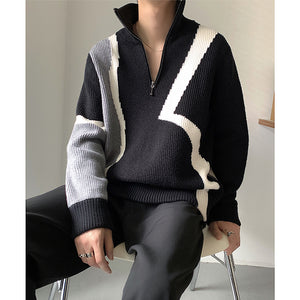 Zip Turtleneck Patchwork Knit Sweater