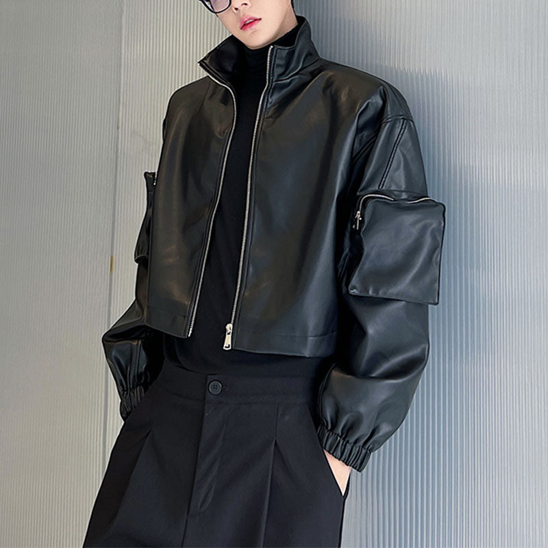 Pocket Thick Pu Leather Short Jacket