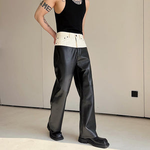 Color Block Denim Paneled PU Leather Trousers