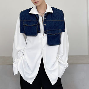 Asymmetrical Pockets Cropped Denim Vest