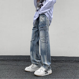 Straight Leg Loose Fit Frayed Wash Jeans