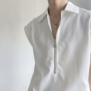 Solid Sleeveless Half Zip Lapel Tank Top