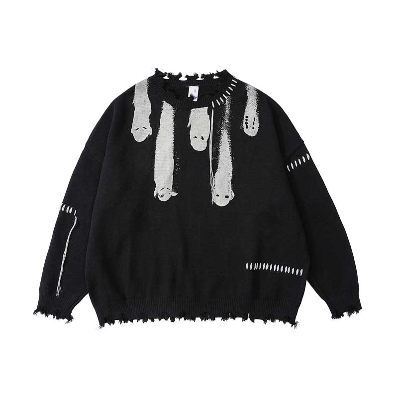 Printed Crew Neck Fringe Knit Sweater