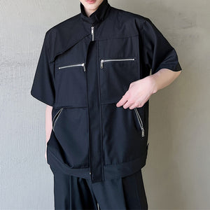 Multi-Zip Stand Collar Short Sleeve Shirt