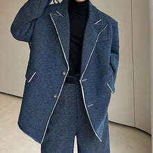 Load image into Gallery viewer, Shoulder-padded Raw-edge Denim Blazer Straight-leg Wide-leg Pants Two-piece Set
