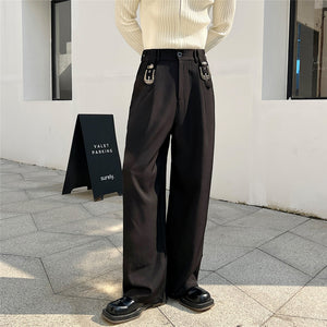 Dark Metal Buckle Trim Straight Pants