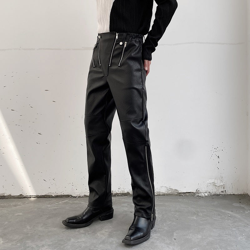 Zipper Slim Fit PU Leather Trousers