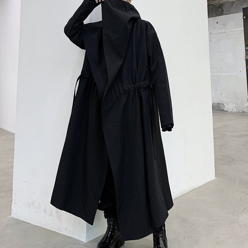 Large Lapel Drawstring Waist Long Coat