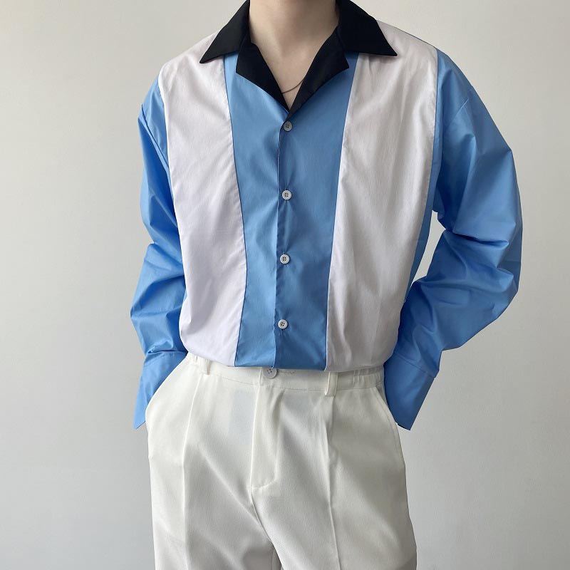 Simple Retro Color Contrast Lapel Long Sleeve Shirt