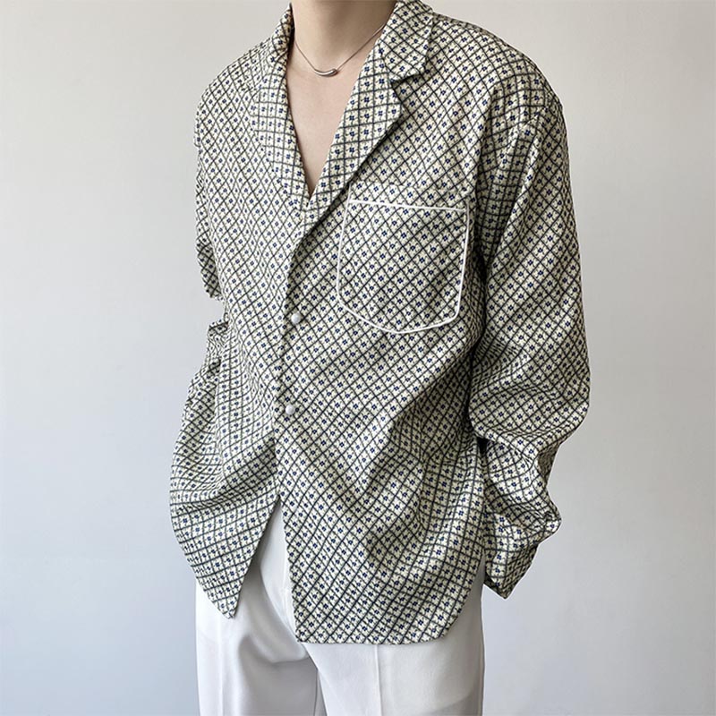 Vintage Pattern Cuban Collar Long Sleeve Shirt