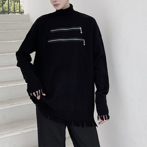 Dark Fringe Zipper Trim Turtleneck Sweater