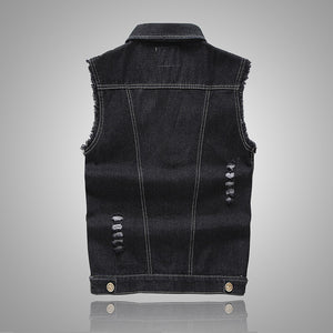 Shredded Slim Black Denim Vest