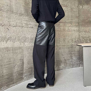 Contrast Color Leather Straight Leg Pants