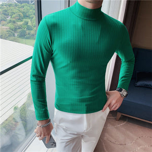 Half Turtleneck Slim Striped Long Sleeve Top