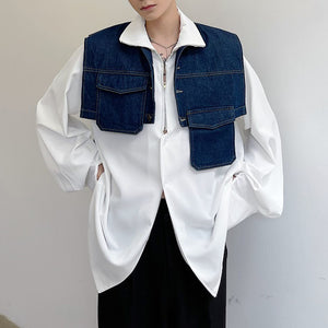 Asymmetrical Pockets Cropped Denim Vest