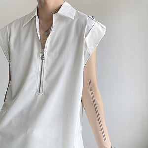 Solid Sleeveless Half Zip Lapel Tank Top